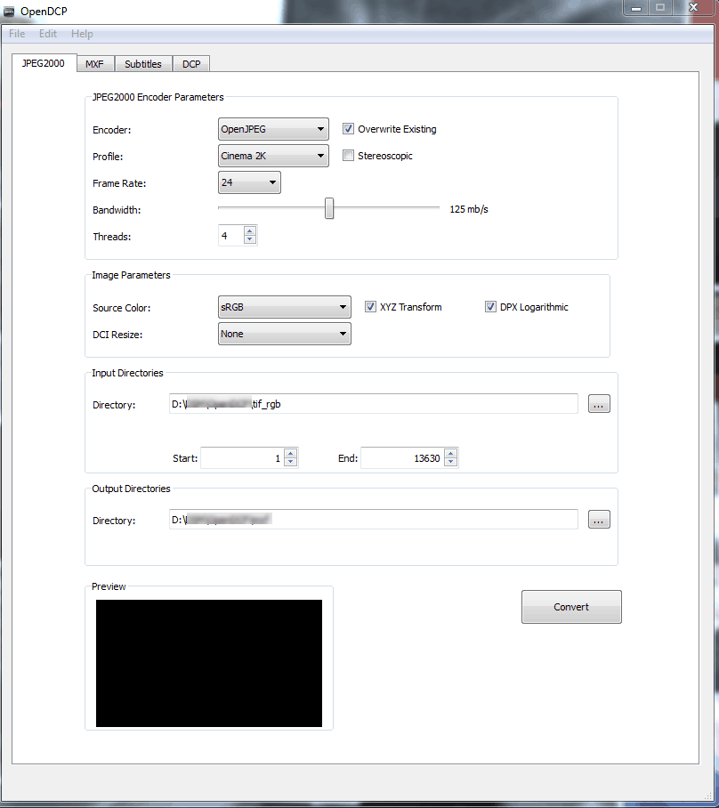 Capture d'écran du logiciel montrant l'onglet JPEG2000 avec les options par défaut sélectionnées